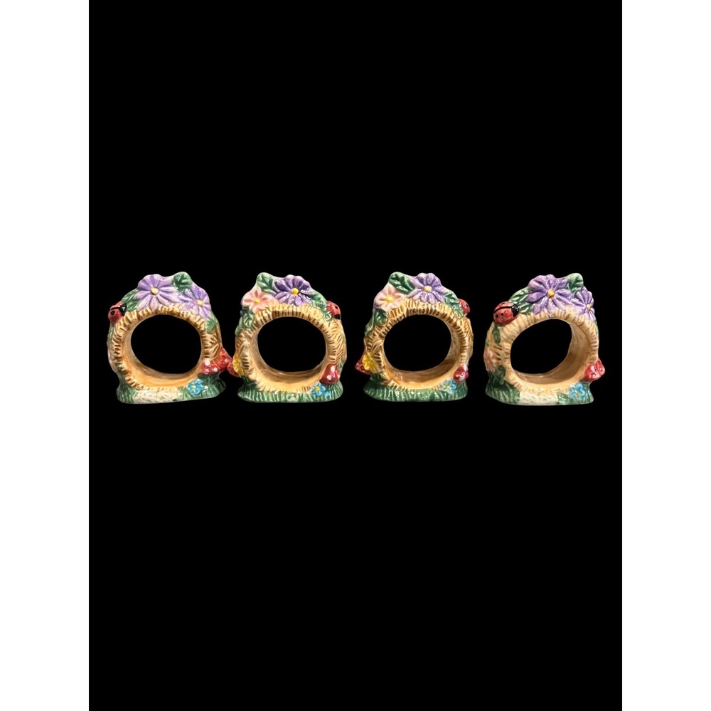 Vintage Ceramic Flower Ladybug Napkin Rings Set of 4 Garden Cottagecore Floral
